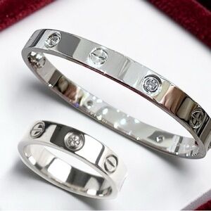 Stainless Steel Platinum Bangle Bracelet With Stones Free Ring